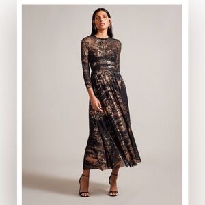 TED BAKER Iggiey Abstract Print Mesh Midaxi Party Dress Gold